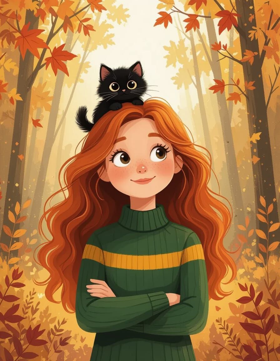 Cozy Autumn Forest Scene with Girl and Kitten, Oil Painting ...