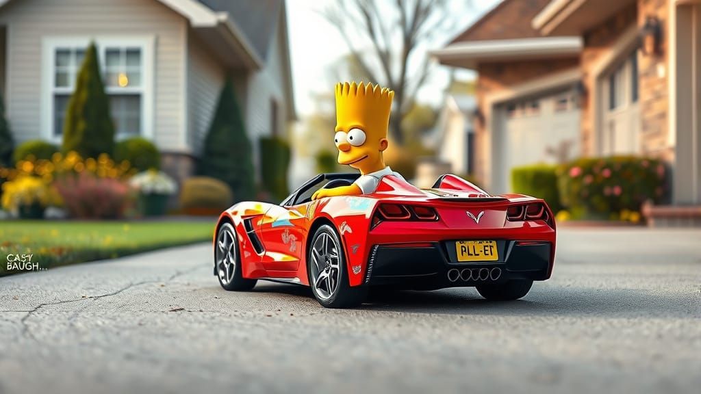 Bart Simpson in his corvette.