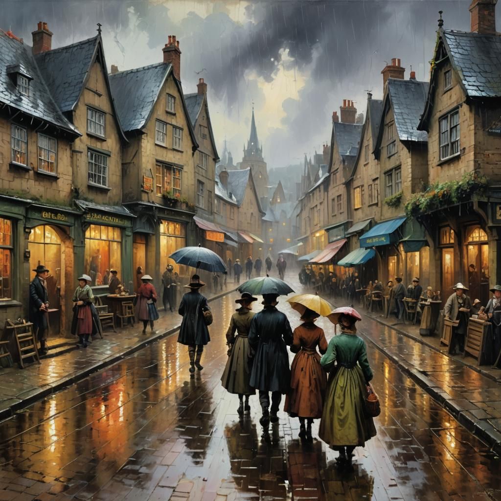 Victorian Village Street in Multicolored Rain