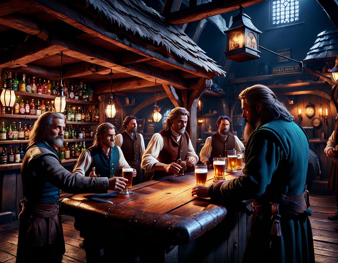 Hobbits Enjoying Ale at the Prancing Pony Tavern