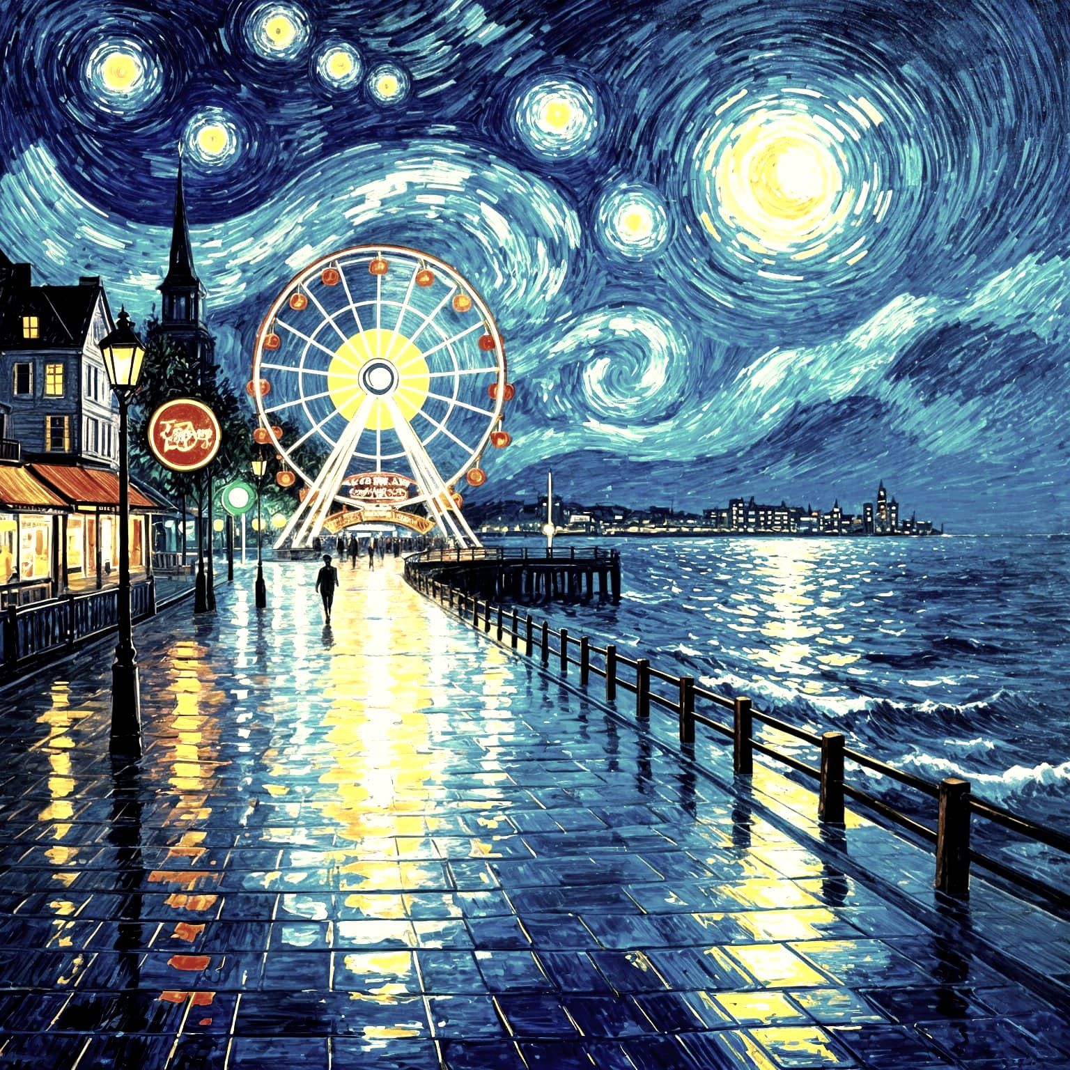 Seaside Boardwalk with Ferris Wheel in Post-Impressionist St...