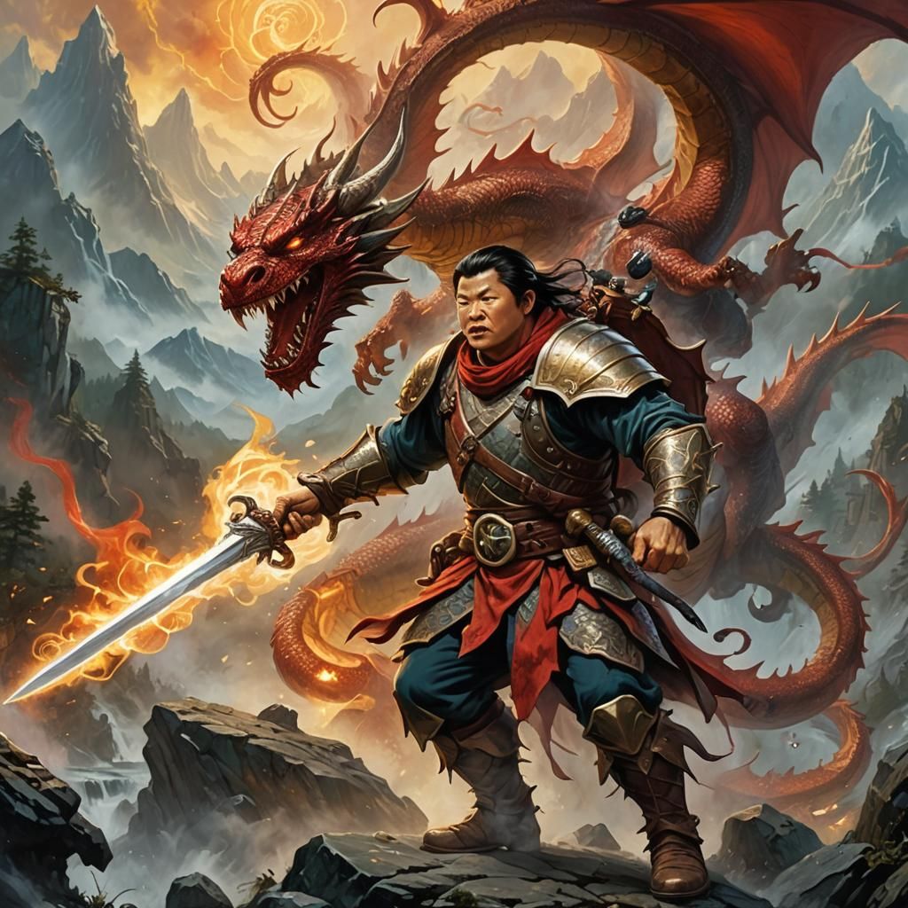 Gnome Fighter Versus Red Dragon in High Fantasy Style
