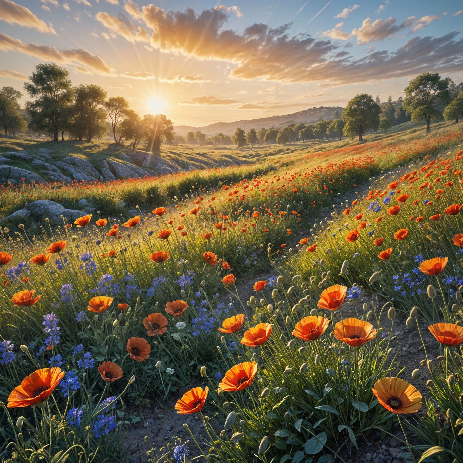 Impressionistic Sunset Meadow in Golden Light