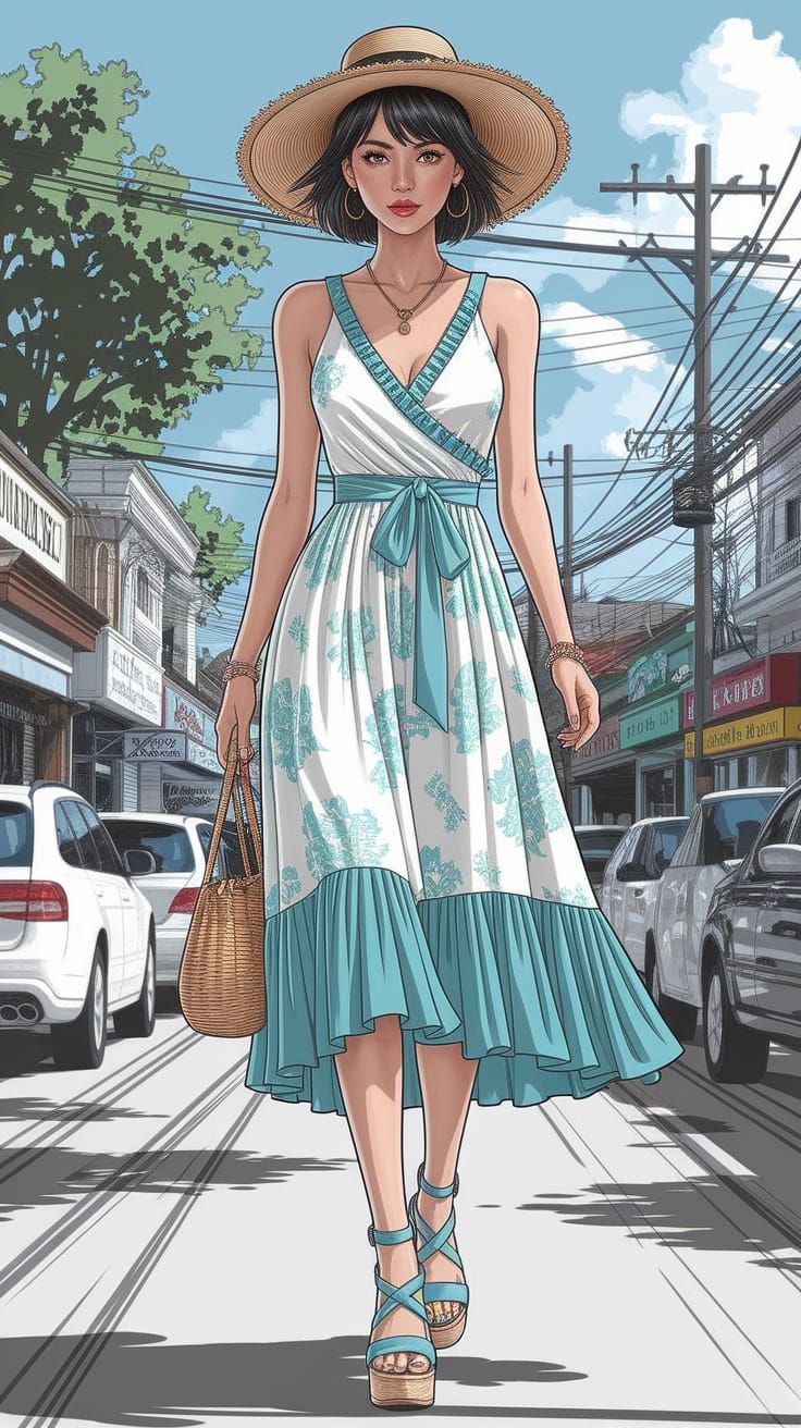 Thailandese Woman in Bohemian Summer Dress, Fashion Sketch