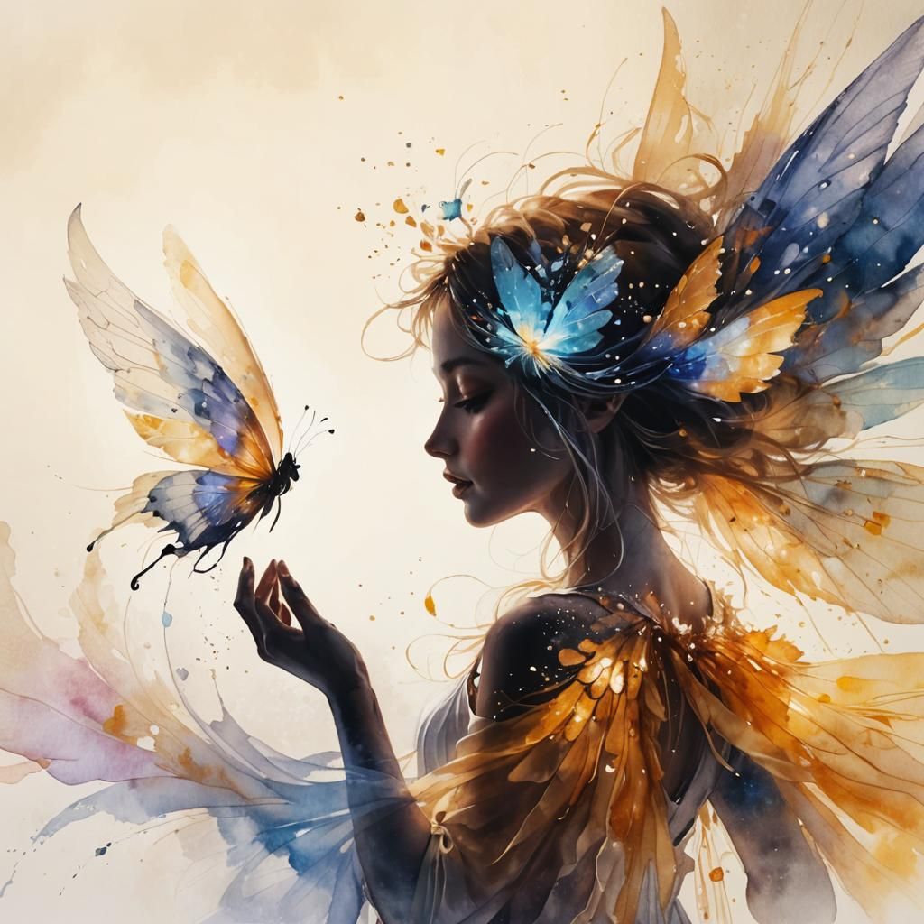 Glowing effect image of a fairy girl dancing on a black back...