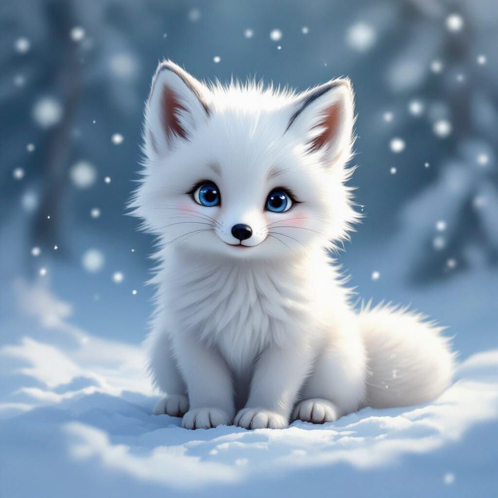 Adorable Baby Arctic Fox in Gentle Snowfall