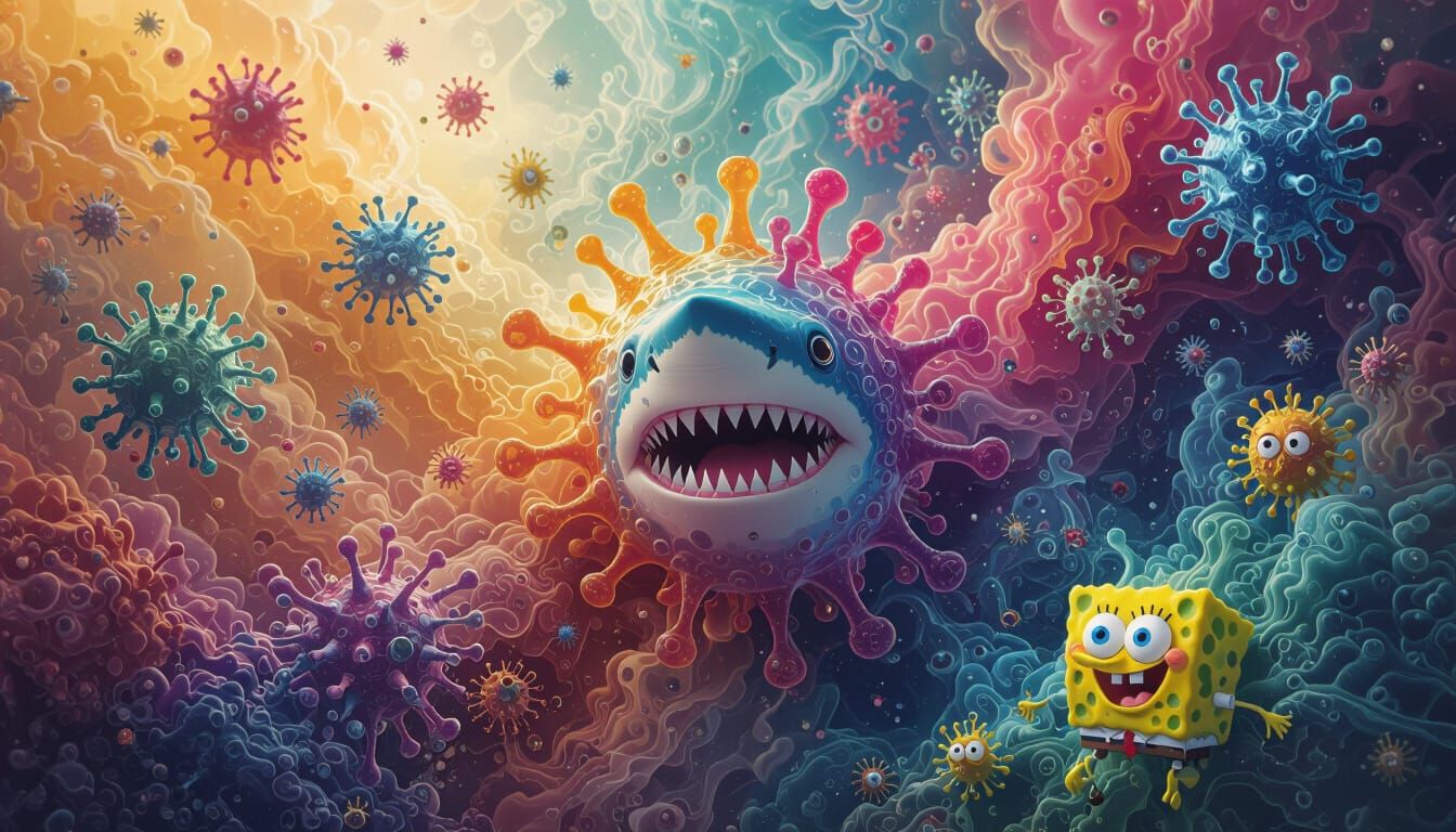 Colorful Viral Amoeba and Spongebob Faces in Oil Ink
