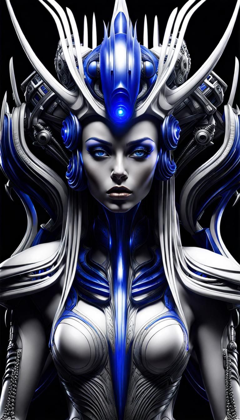 Bio-Mechanical Fantasy Queen in Pencil Sketch with Cobalt Sp...