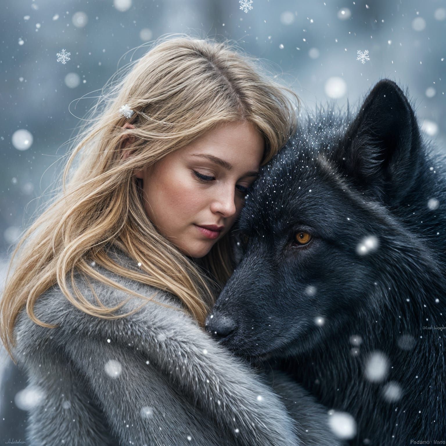 Hyperrealistic Winter Scene: Woman and Dire Wolf
