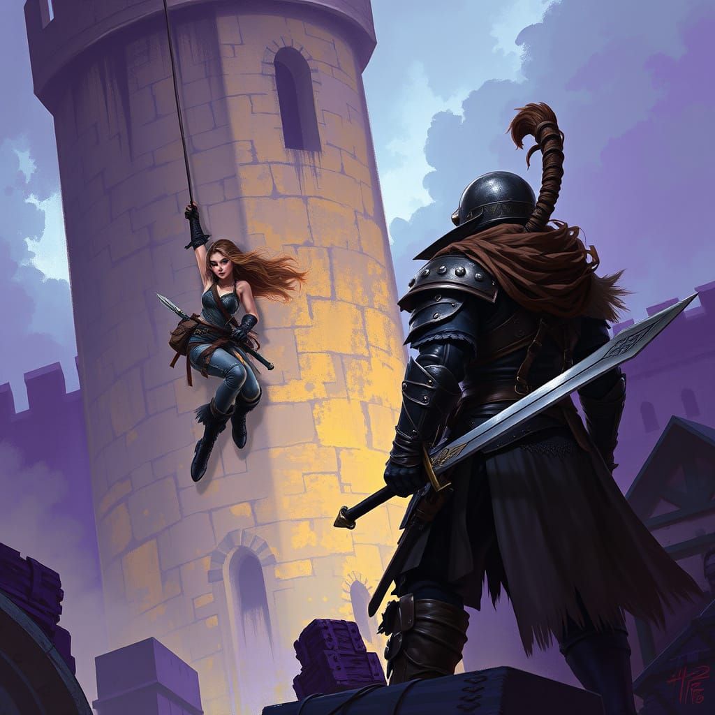 Medieval Thief Rappelling from Tower in Dark Fantasy Style
