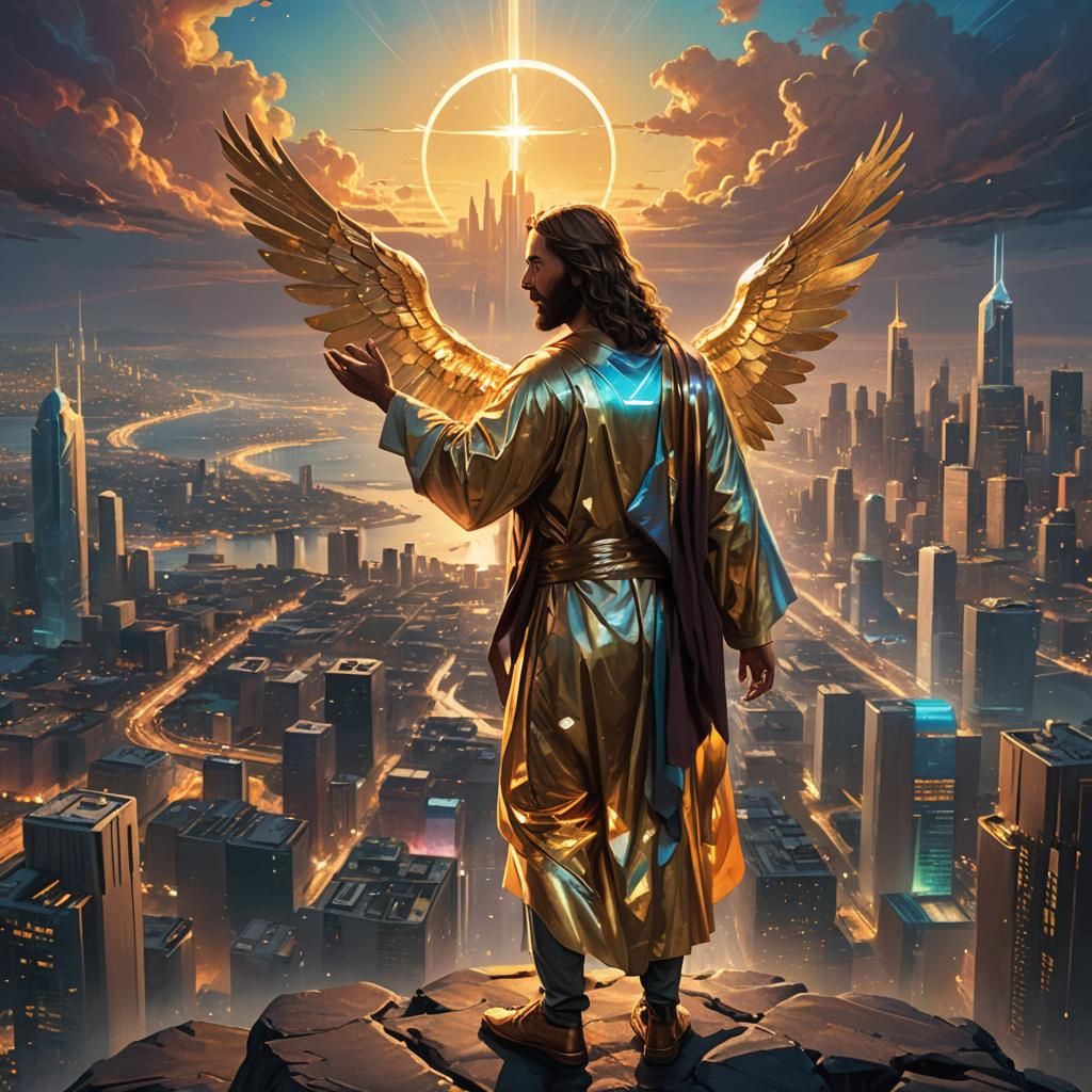 Jesus Overlooking Futuristic Cityscape in Golden Hour