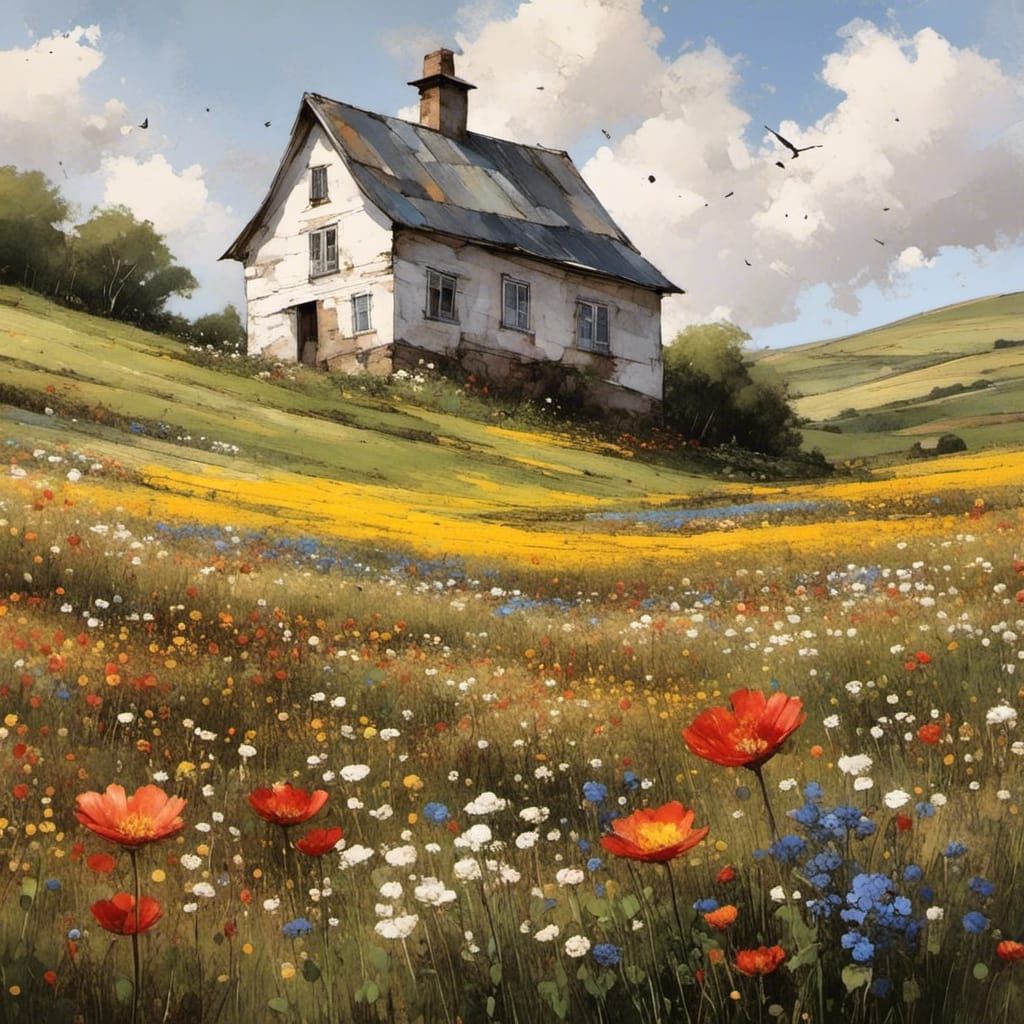 Idyllic House on Hill Surrounded by Flowers
