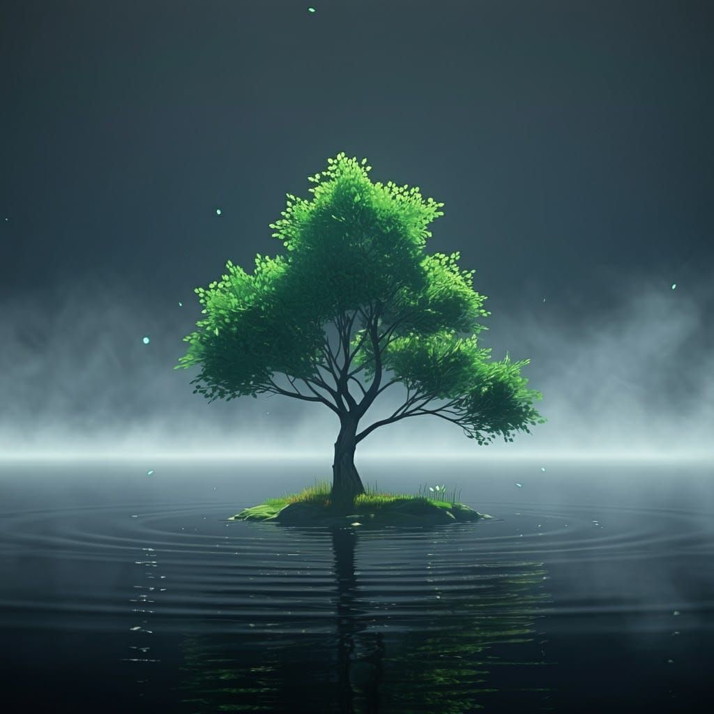 Misty Lake Tree: Serene Anime Art