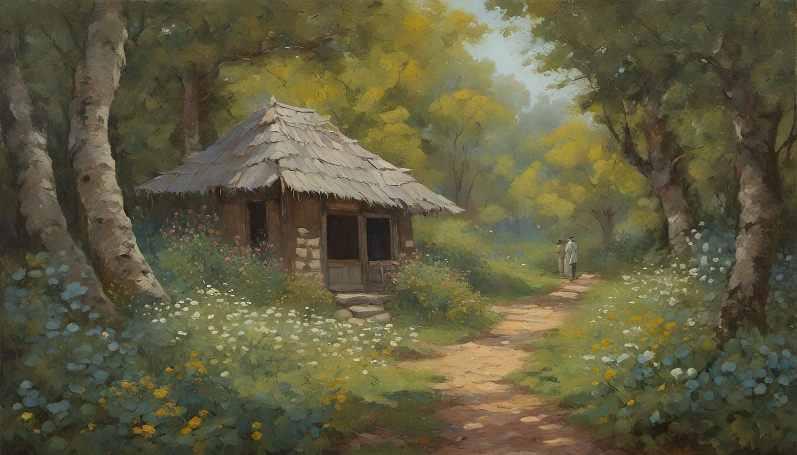 Lush Forest Path with Birds: An Oil Painting