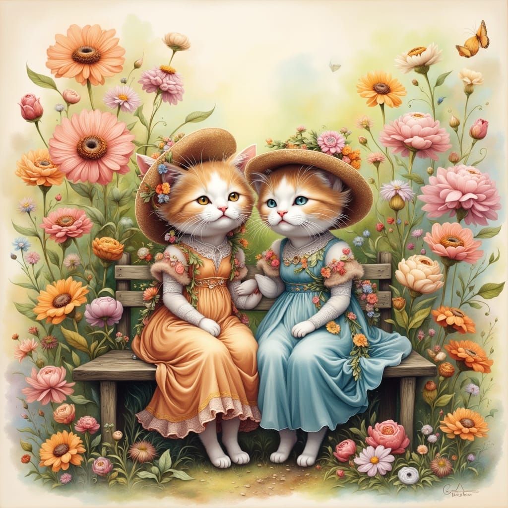Whimsical Chibi Kittens in a Vintage Garden