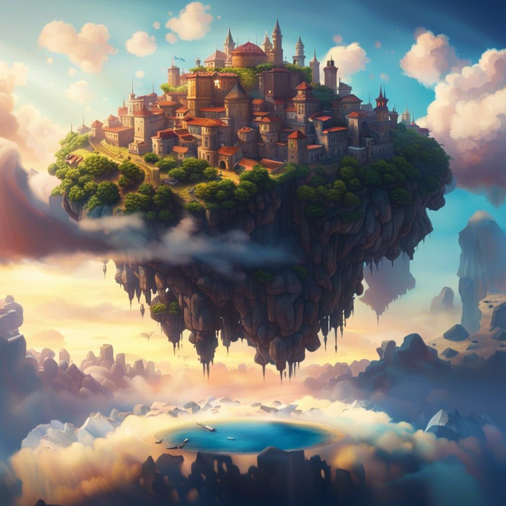 Floating Island City in Clouds: Digital Matte Painting