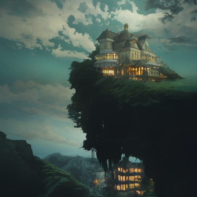 Victorian Mansion on Stormy Cliff: Digital Art
