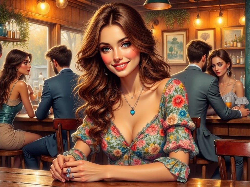 Young Woman at Trivia Night in Elegant Art Nouveau Style