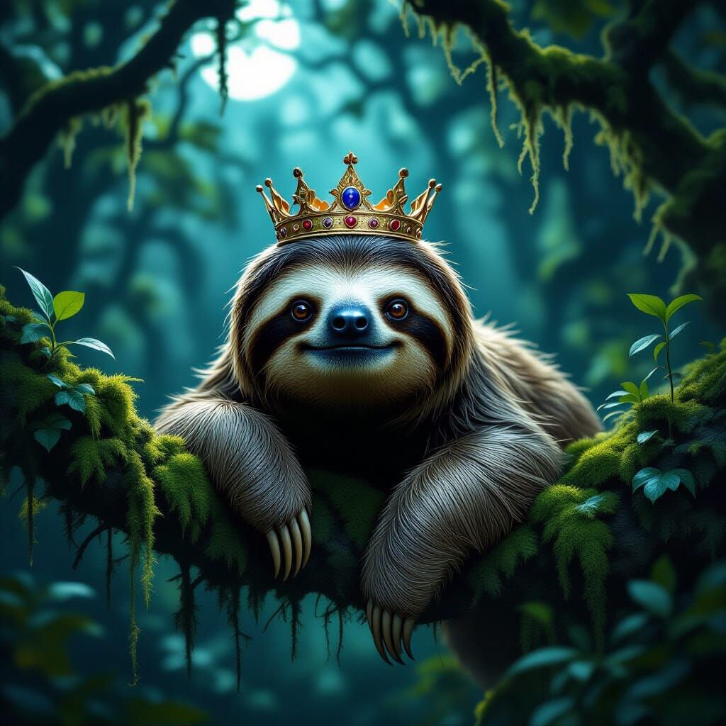 Wise Sloth King in Dark Fantasy Forest