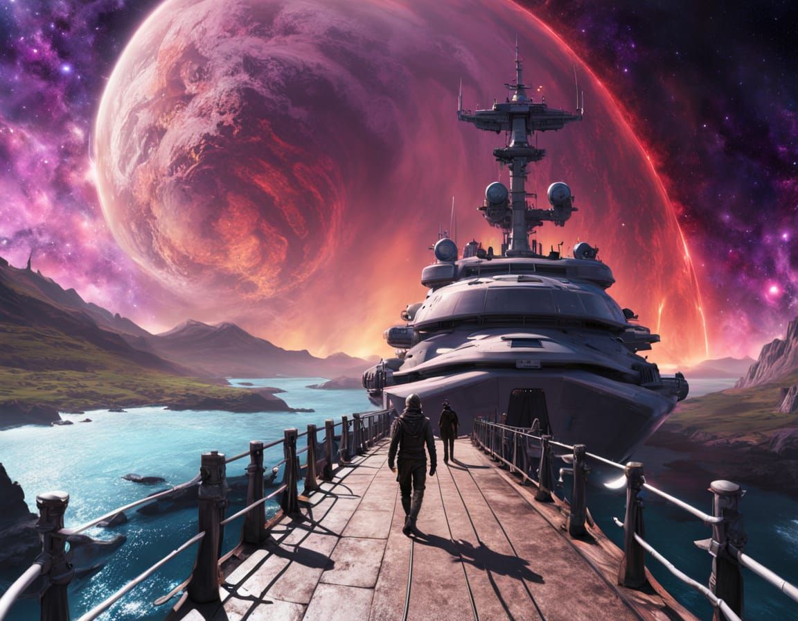 Gritty Space Pirate Captain Stands at Nebula's Edge