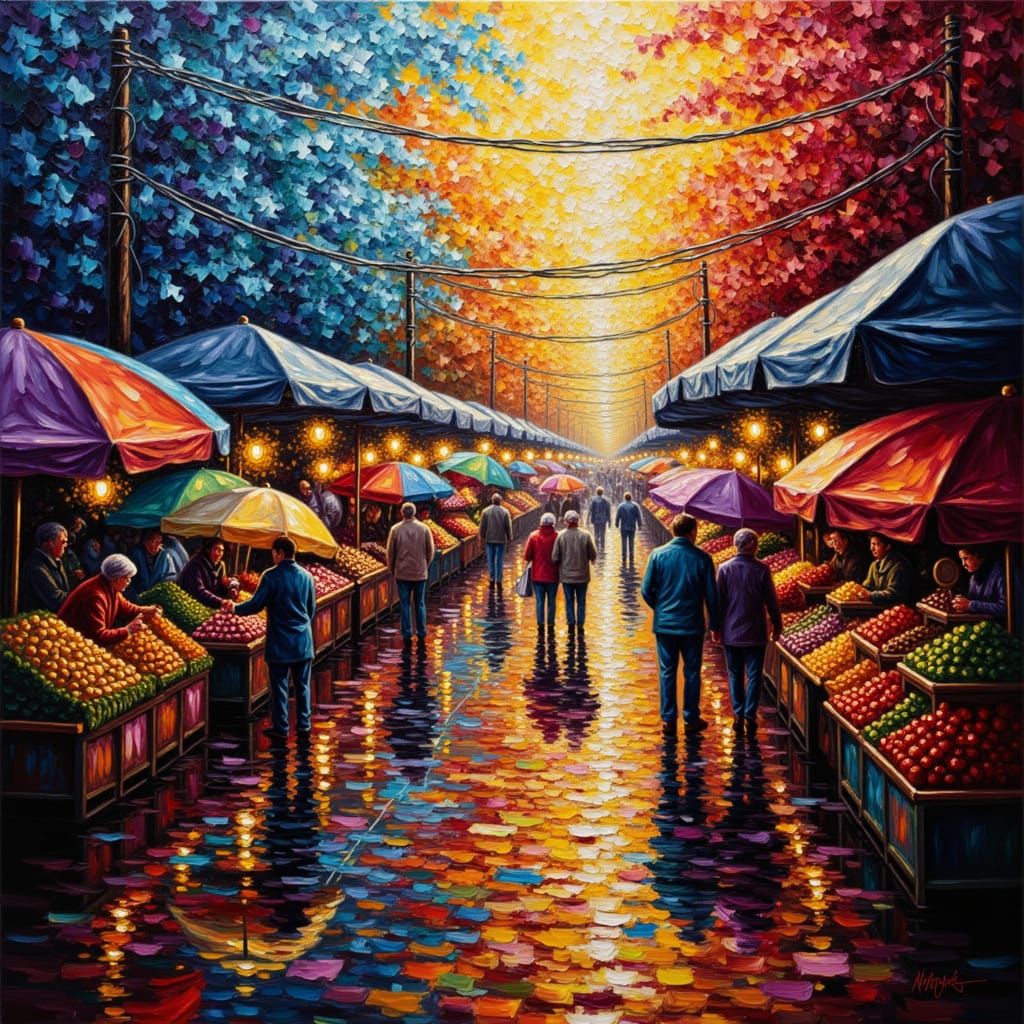 Vibrant Marketplace in Impasto Oil Painting Style