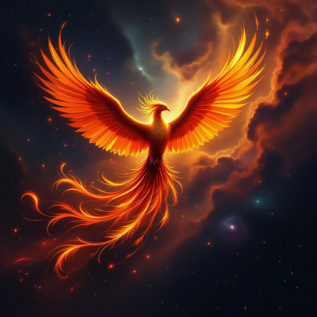 Golden Phoenix Soars Through Cosmic Nebula