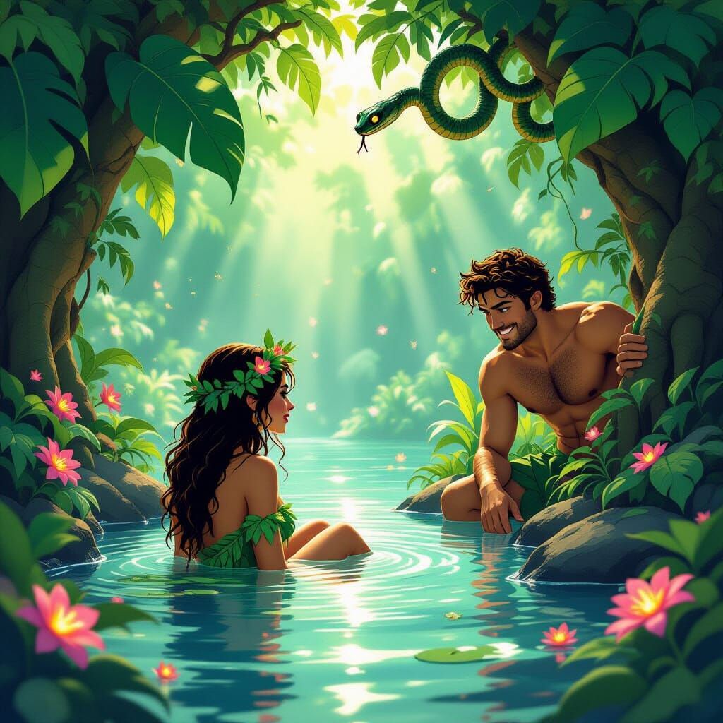 Eve's Bath: A Humorous Eden Scene in Fantasy Style