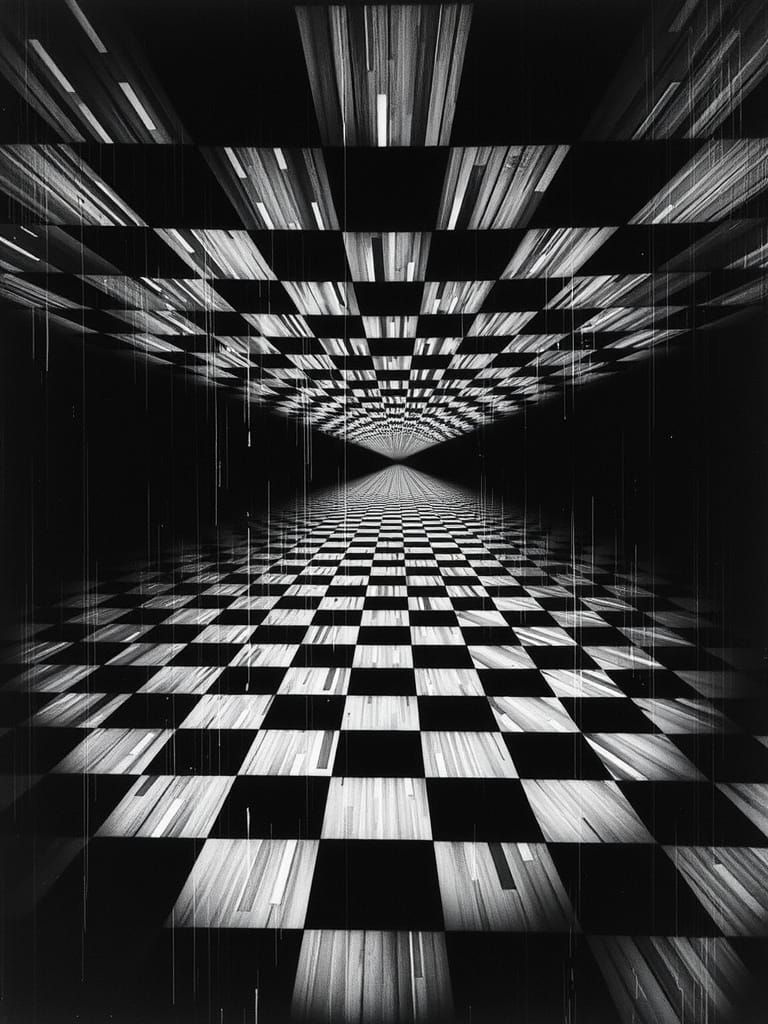 Black and White Surrealist Chequerboard with Glitchcore Text...
