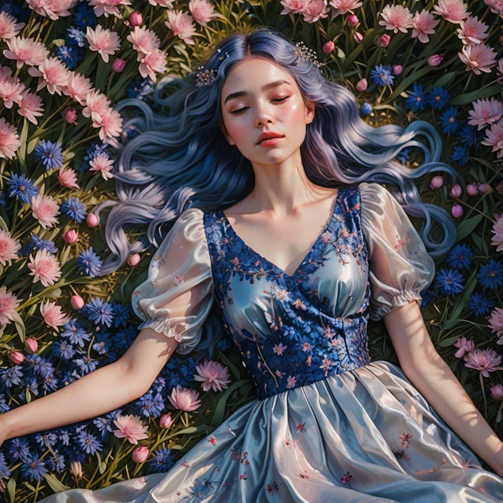 Dreamy Woman in Cornflower Field with Cherry Blossoms
