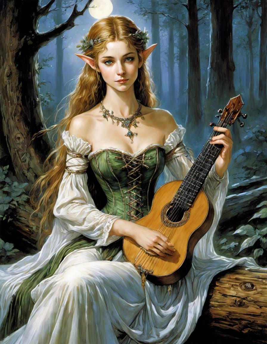 Ethereal Elf Bard in Moonlit Woods