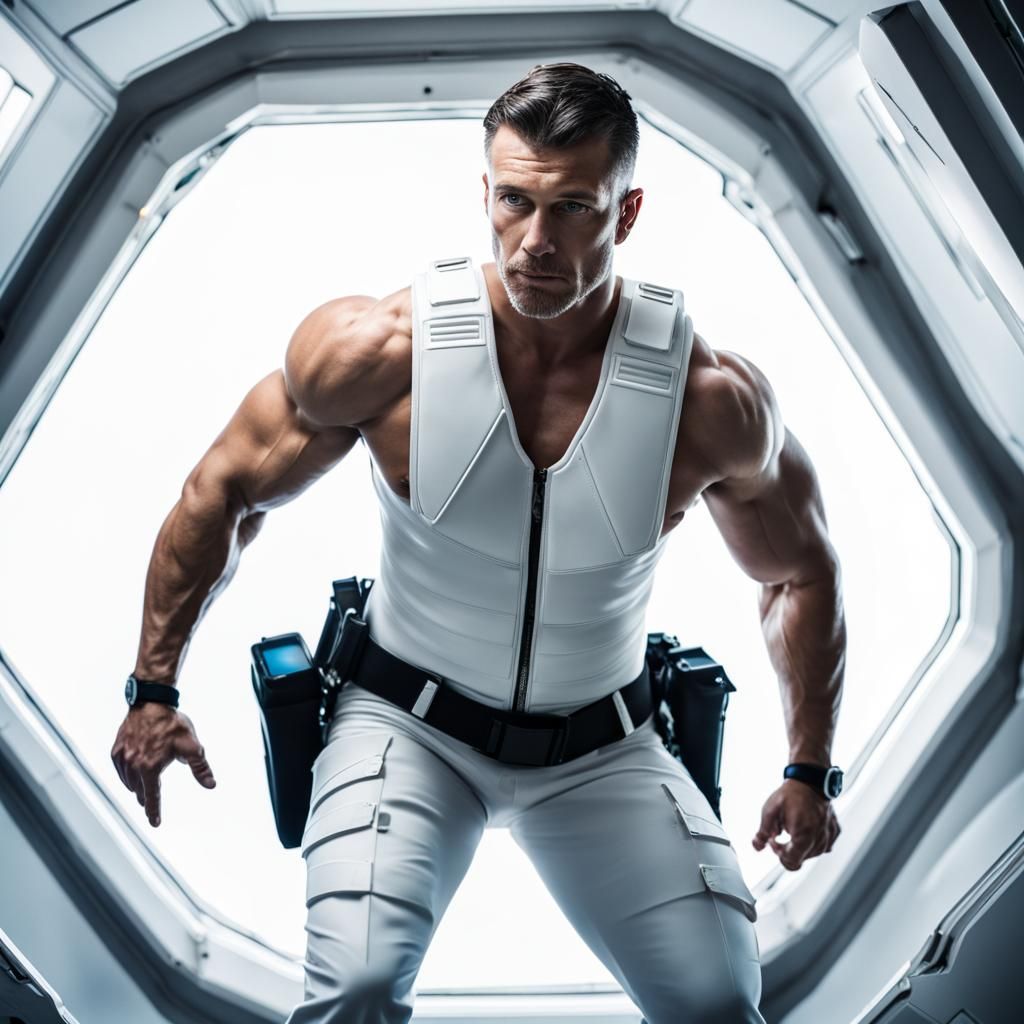 Shirtless Officer Flies Spaceship: Professional Photography
