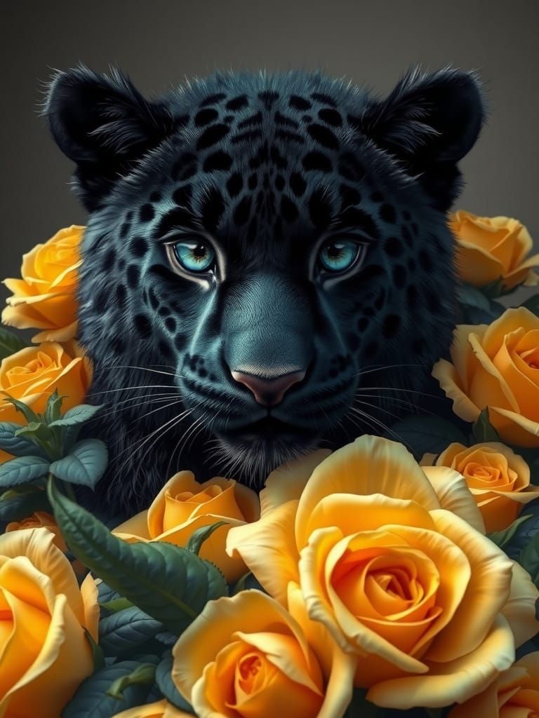 Majestic Black Jaguar Amidst Vibrant Yellow Roses in Whimsic...