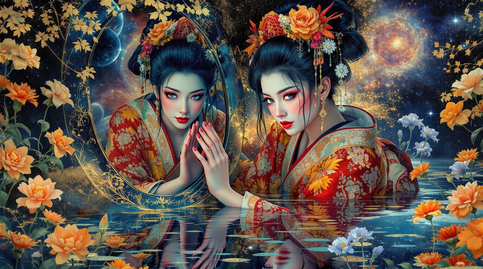 Geisha in Reflecting Pond with Outer Space Background