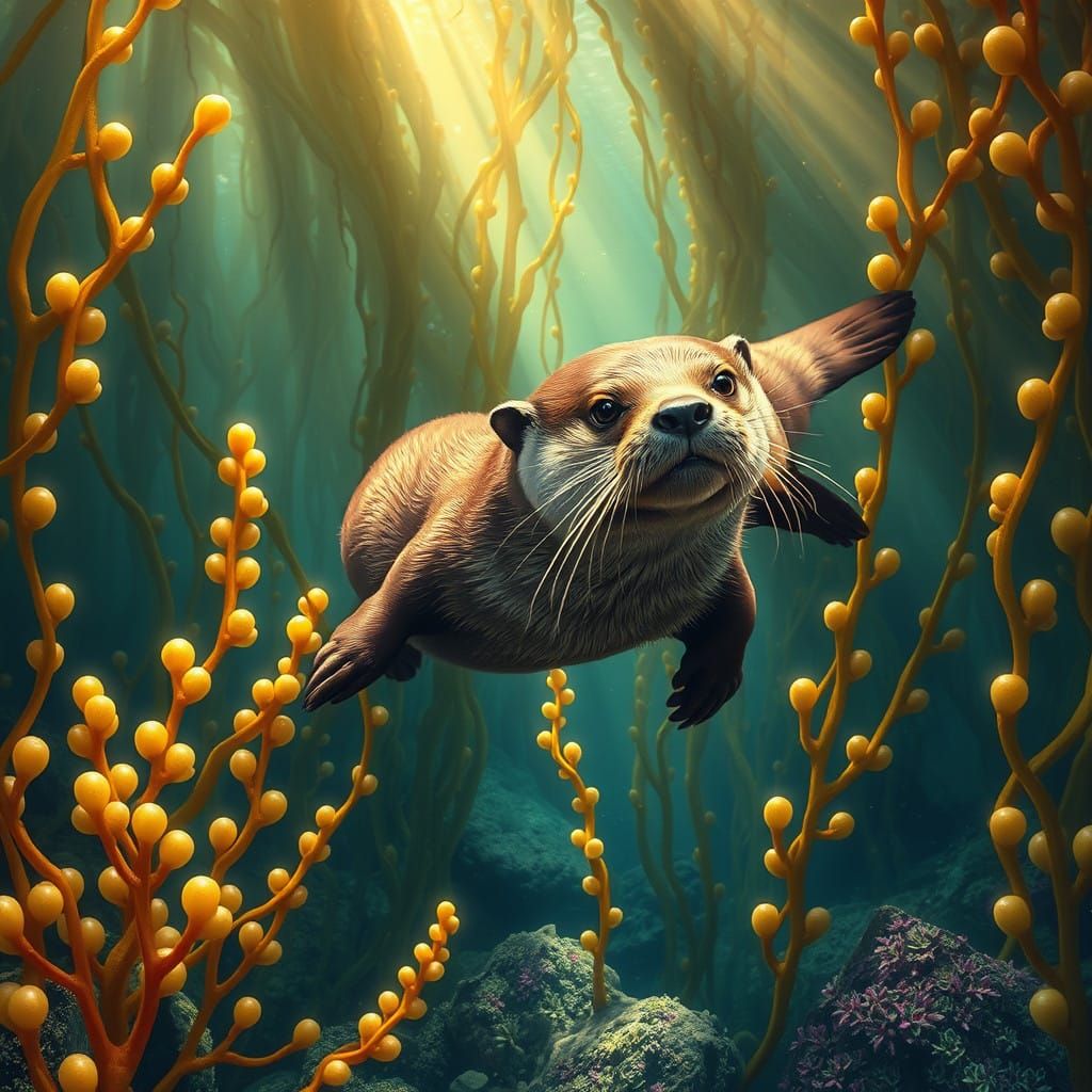Underwater Otter Sanctuary in a Vibrant Kelp Forest