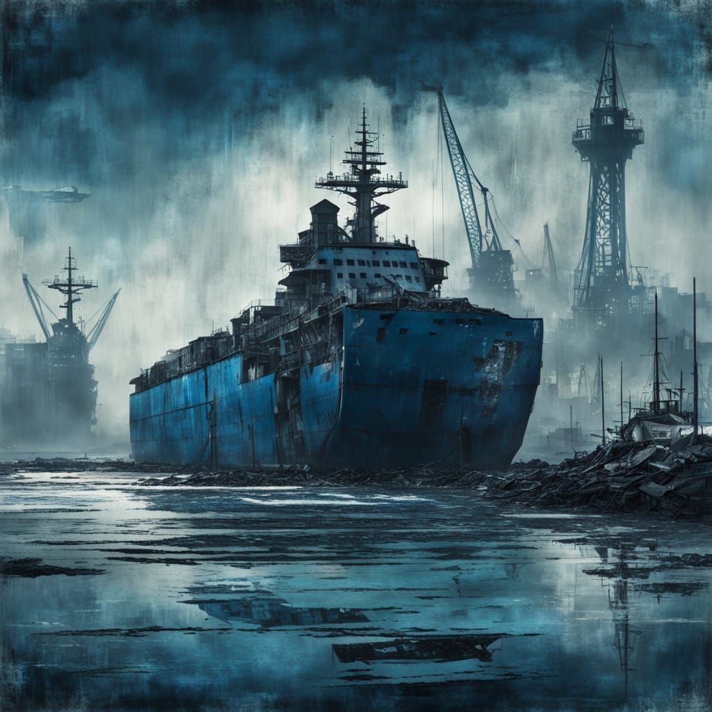 Grunge Dark Harbour Scene in a Futuristic Dystopian Landscap...