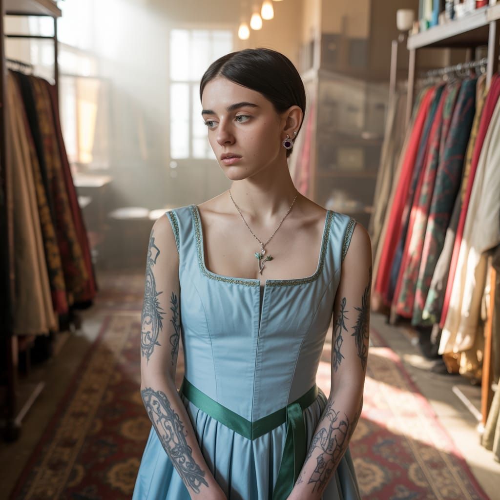 Woman in Renaissance Gown in Tailor Shop