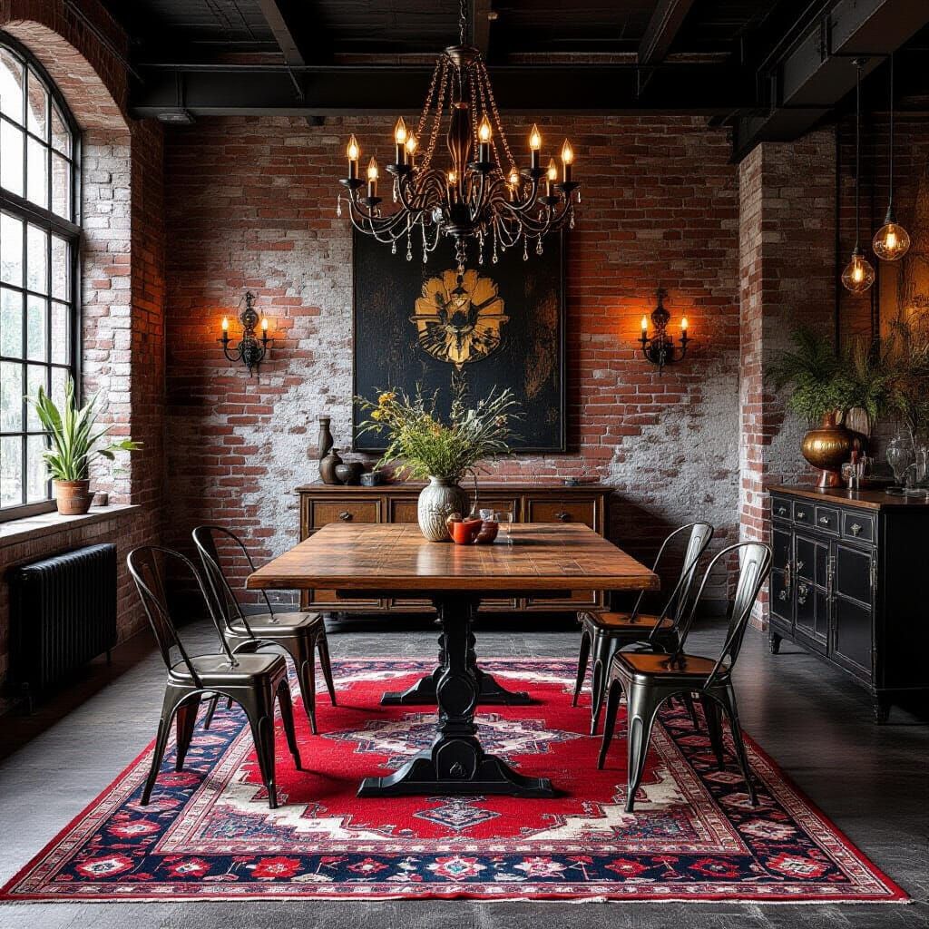 Vintage Industrial Dining Room with Red Rug