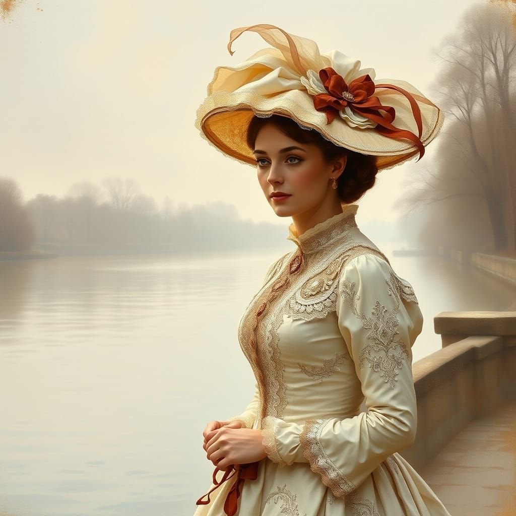 Elegant Lady Strolls Along Riverbank in Soft Earth-Tones
