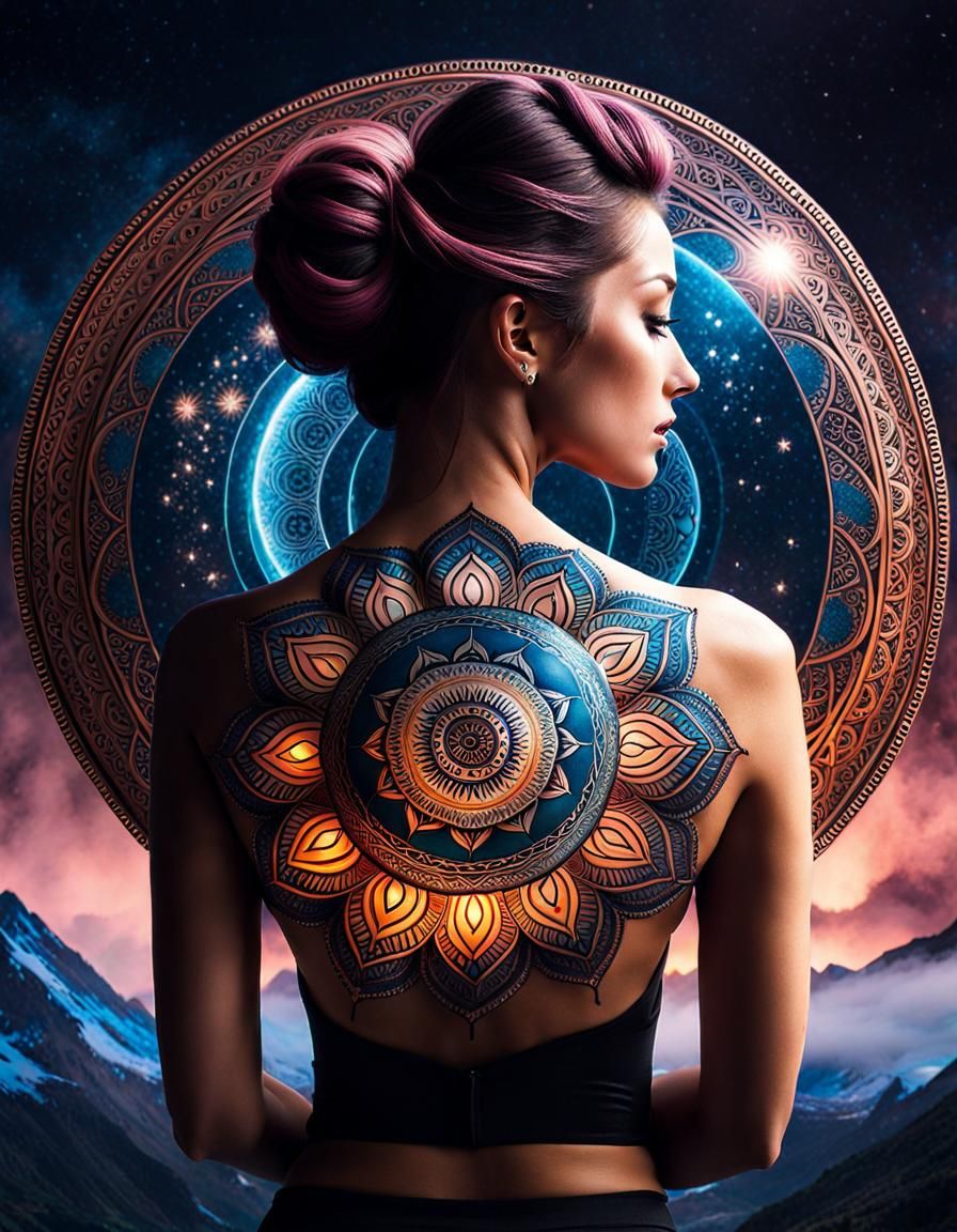 Woman with Mandala Tattoo and Magic Sparks