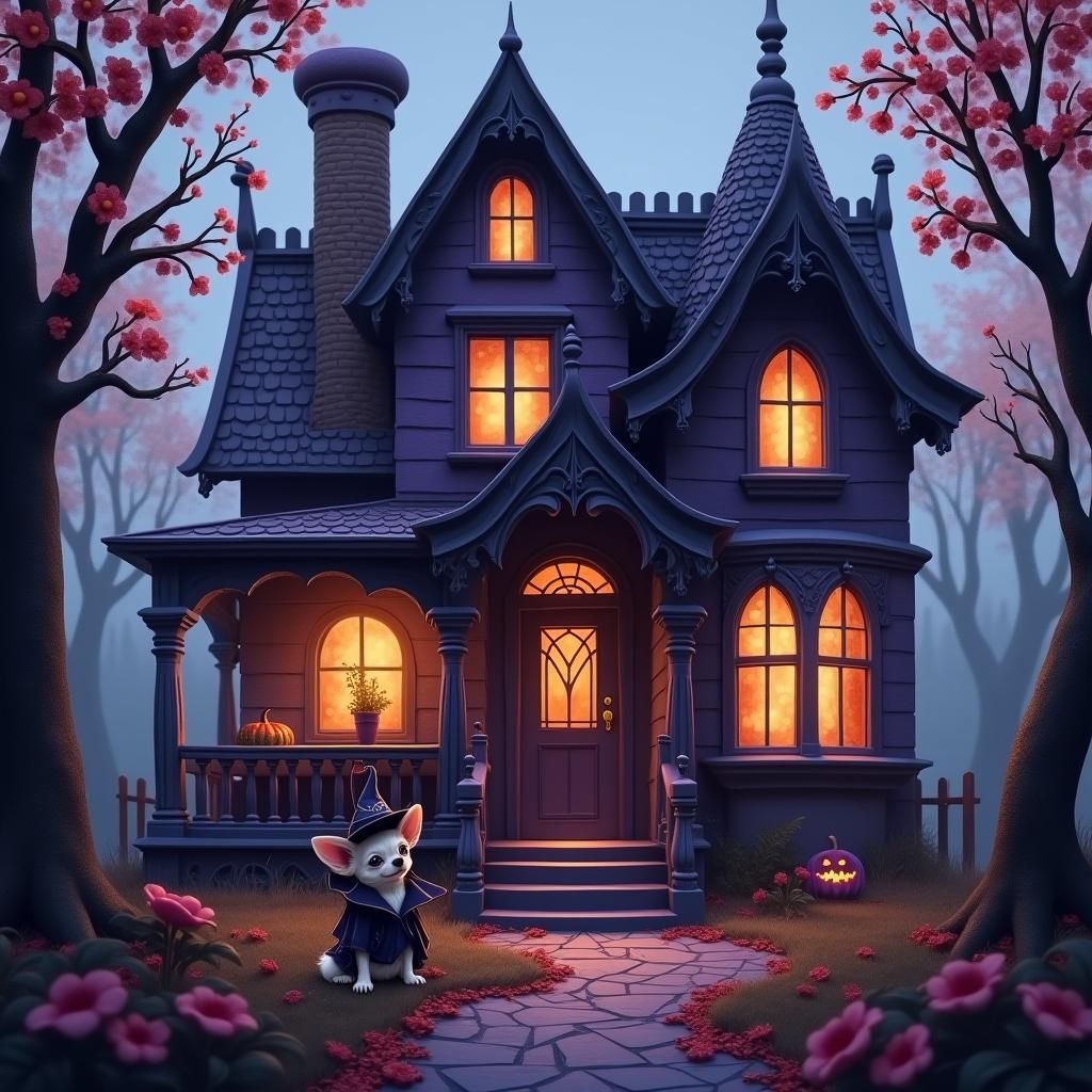 Eerie Purple Halloween House with Chihuahua