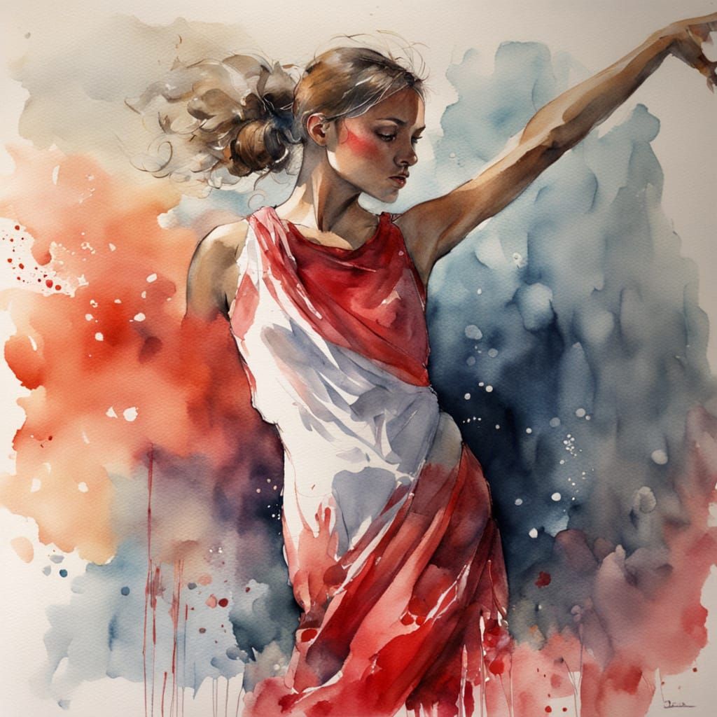 Woman in Red Dress Dances with Vibrant Heart