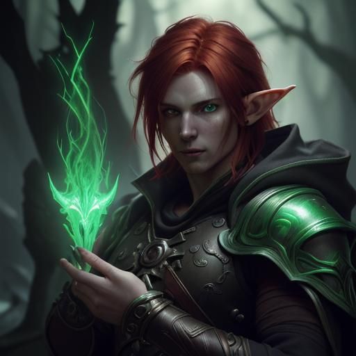 Red-Haired Elf with Glowing Eyes, Dark Fantasy Art