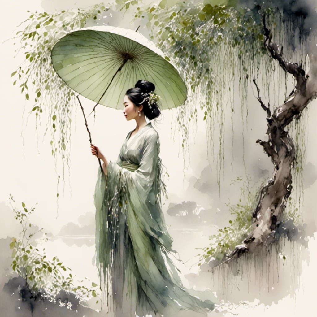 Woman with Bamboo Umbrella in Watercolor Style