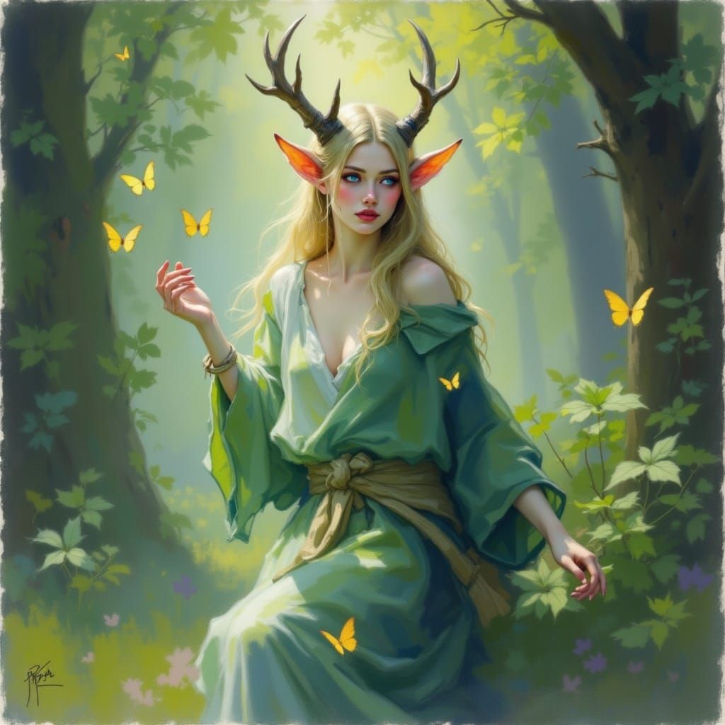 Surreal Tiefling Spirit Summoner in Soft Pastel Green Forest
