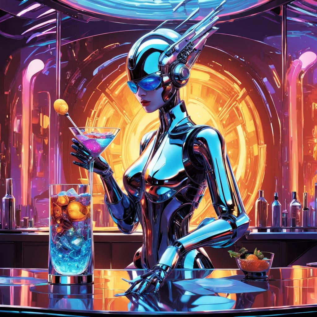 Cyberpunk Bartender Robot Mixes Radiant Cocktail in Luxuriou...