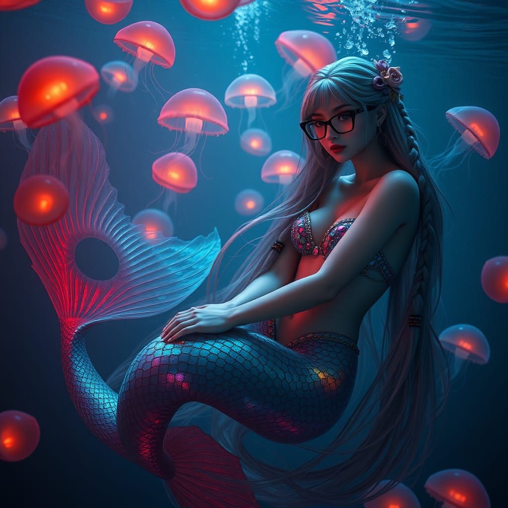 Edgy Mermaid with Glowing Jellyfish in Dark Ocean
