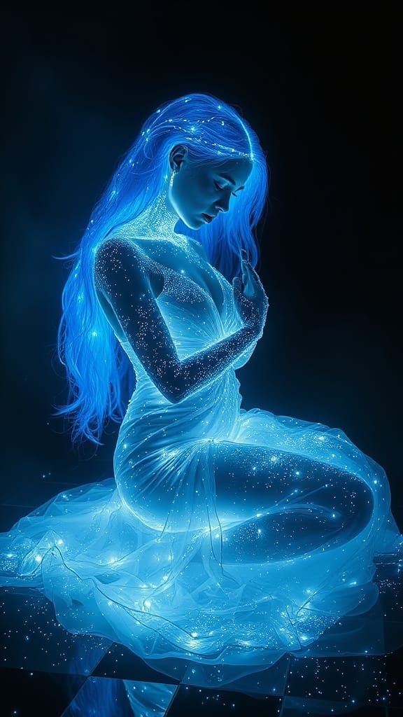 Glowing Stardust Woman in Cosmic Blacklight Dreamscape