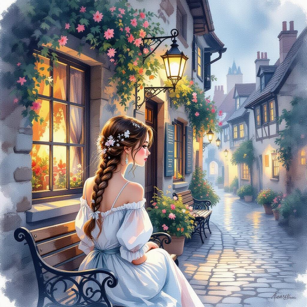 Dreamy Watercolor of Woman on Cobblestone Street