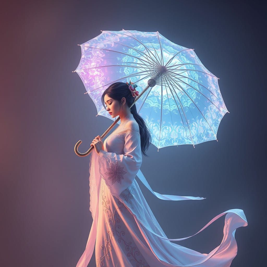 Ethereal Woman with Gemstone Umbrella in Dreamy Atmosphere