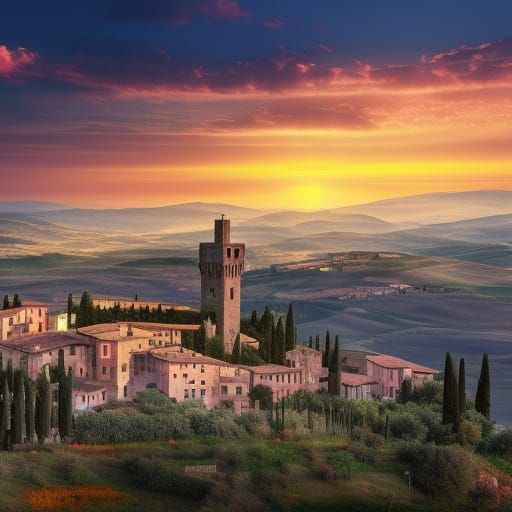 Tuscan Hill City at Sunset: Detailed Matte Painting